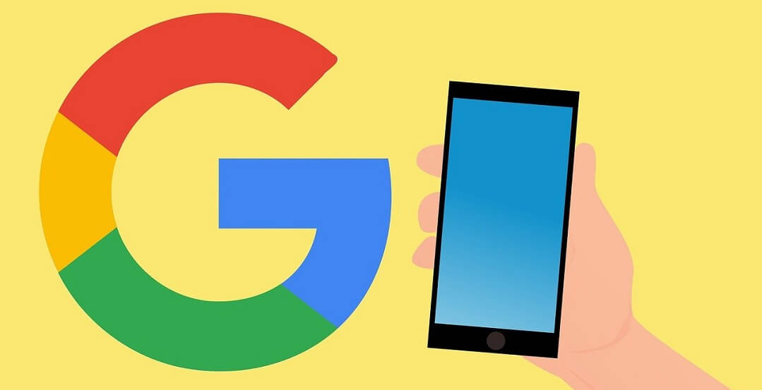 Ilustracija Google logotipa i ruke koja drži pametni telefon