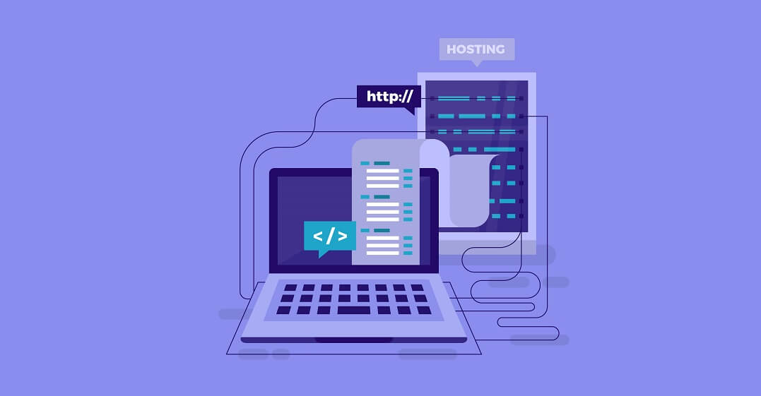 Ilustracija laptopa i tableta na plavoj pozadini i natpis "hosting"